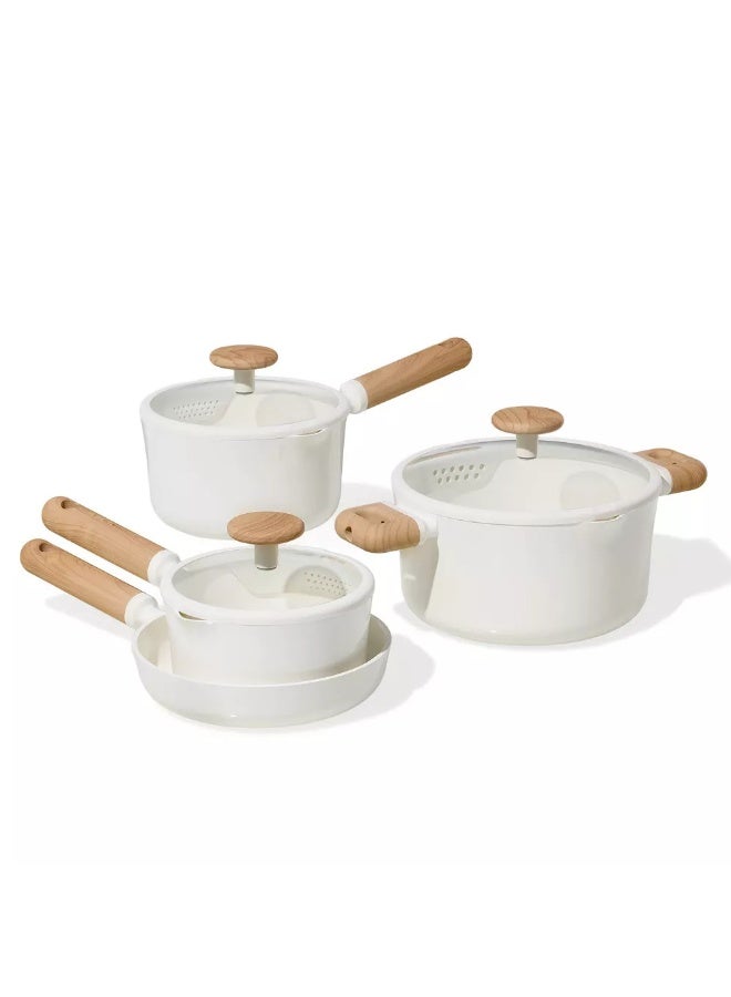 Carote 11-Piece Ceramic Nonstick Cookware Set, PFAS-Free Healthy Cooking Set, Dual-size Silicone Strainer Lids, Full-Spray Even-Heat Base, All Kitchen Stovetop Compatible, Dishwasher Safe (Cream) - Image 4